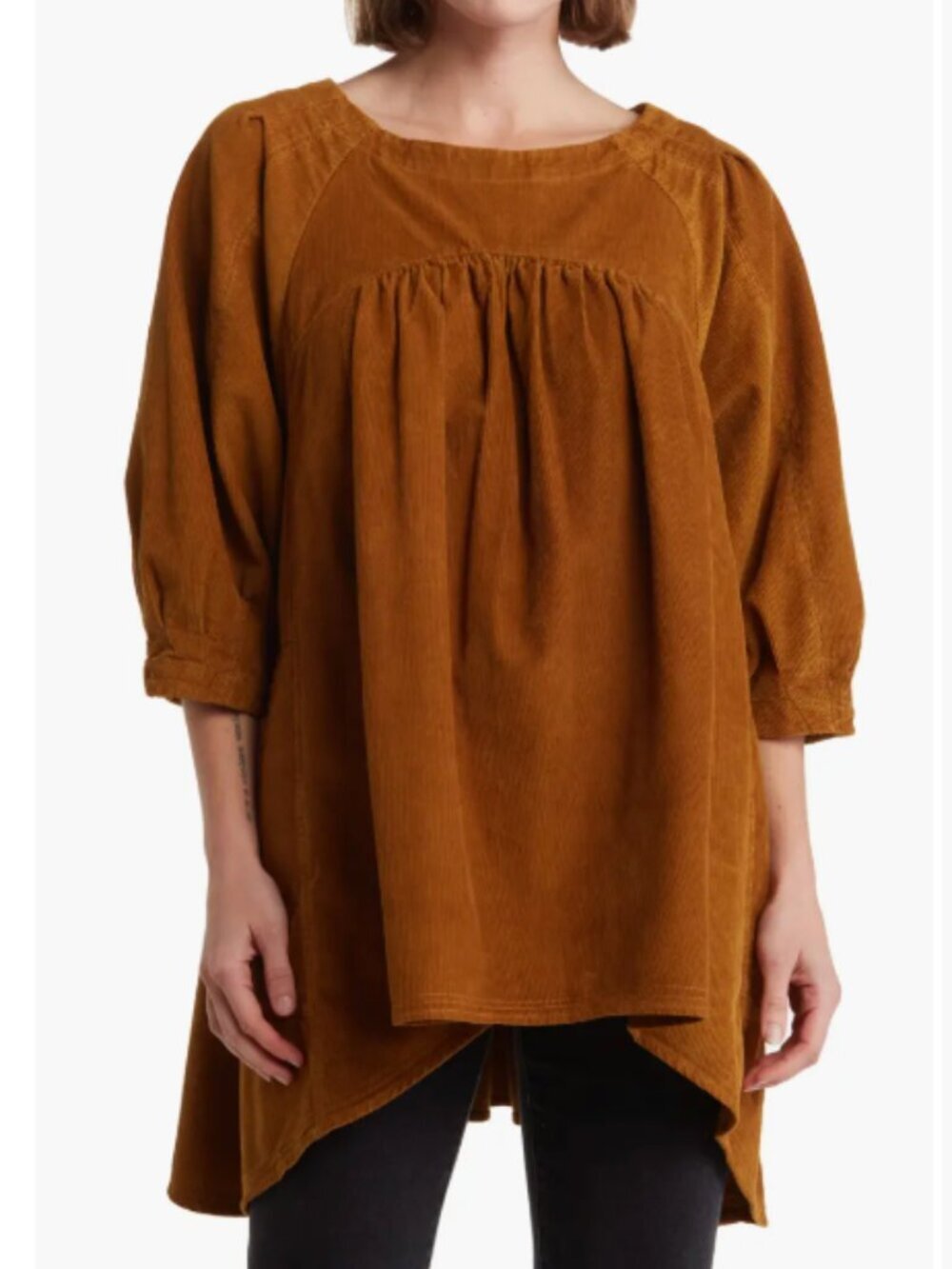 Free People Memories of You Brown Corduroy Babydoll Tunic Top Shirt Size XS